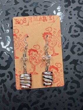 Handmade Clear Glass Drop Earrings with Red and Silver Stripe Accents